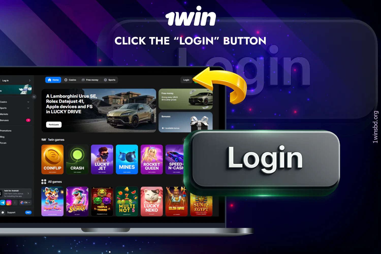 To log in to 1win, users from Bangladesh should open the site