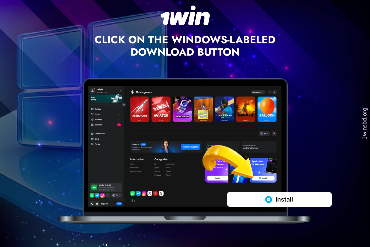 Click the 1win app download button labeled Windows to start the download process