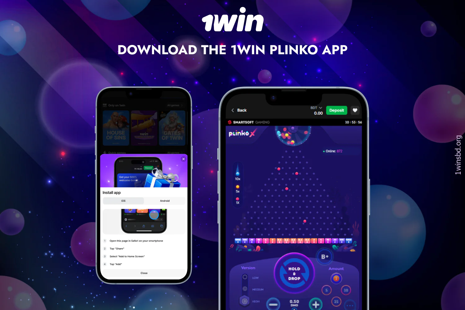 Users in Bangladesh can play Plinko 1win on the Android and iOS app